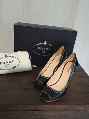 Prada Vernice Soft Nero Black Patent Leather Peep-Toe Heels